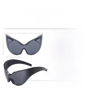 Detailed size chart for oversized black wrap-around shield sunglasses with PC frame