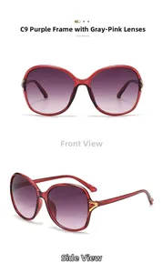 Detail view of large frame sunglasses with purple gradient lenses and gold V-shaped accents