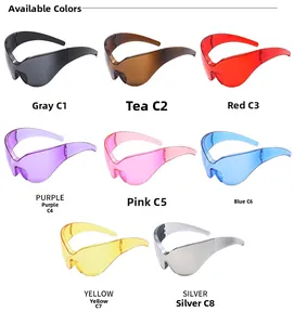 Multiple color options for futuristic Y2K wrap-around sports sunglasses in a grid view
