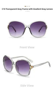 Detail of oversized sunglasses with transparent grey frame and purple gradient lenses