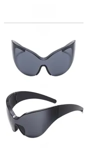 Front and side view of oversized grey wrap-around futuristic shield sunglasses