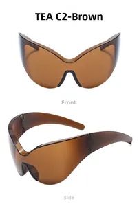Front and side macro views of tea-colored oversized shield sunglasses in a sleek design