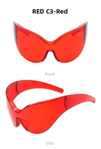 Close-up of futuristic red oversized sunglasses with transparent frames from front and side views