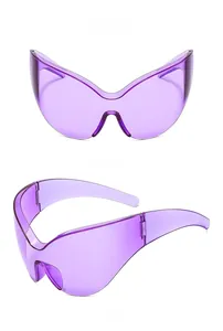 Close-up front and side view of purple futuristic butterfly sunglasses with wrap design