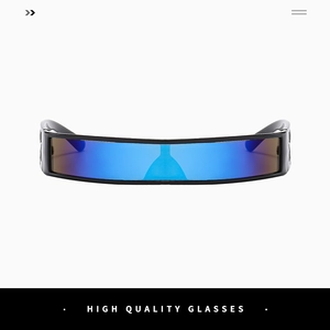 Front view of cyber visor sunglasses with blue mirrored lens and black frame