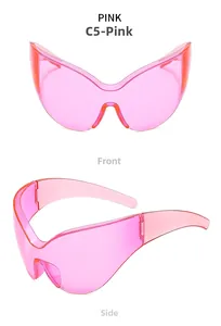 Front and side views of pink Y2K futuristic wrap-around sunglasses in semi-transparent finish