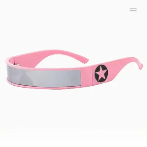 Detail of pink futuristic cycling sunglasses featuring a silver mirror lens and star emblem