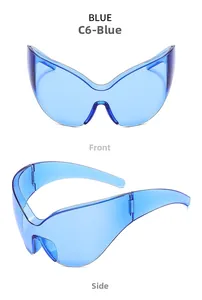 Front and side views of blue translucent futuristic oversized wraparound sunglasses