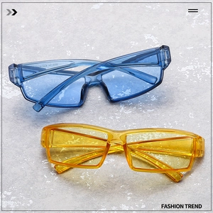 Close-up of blue and yellow futuristic Y2K wrap sunglasses with neon jelly frames