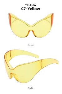 Front and side views of bright yellow futuristic butterfly rimless wrap sunglasses