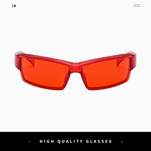 Detailed front view of futuristic red semi-transparent rectangle sunglasses with Y2K style