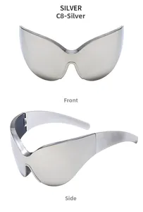 Front and side views of silver mirror shield sunglasses with futuristic Y2K wrap design