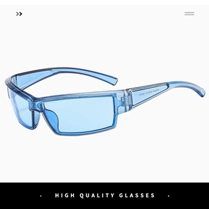 Detail view of blue transparent frame sunglasses with model W88194 and CE marking on temple