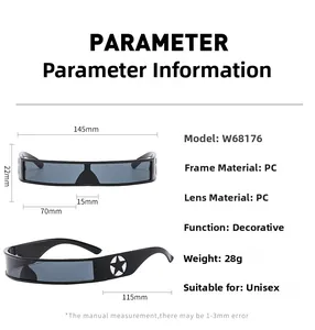 Detailed size specifications for futuristic star-patterned cyberpunk wrap sunglasses