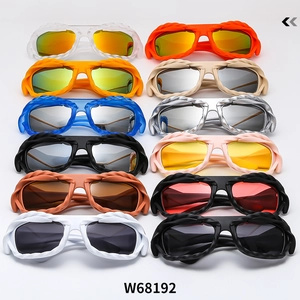 Detailed grid display of twisted frame sunglasses in 12 vibrant colors for model W68192