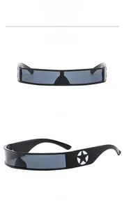 Close-up of cyberpunk star cutout detail on black rimless shield wrap sunglasses