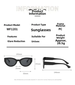 Dimensions détaillées des lunettes de soleil œil-de-chat noires modèle WF1201 en PC