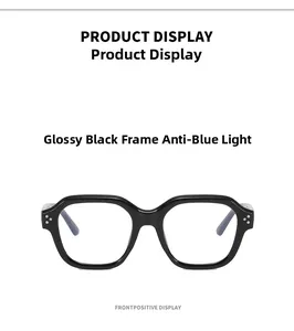 Front view of glossy black anti-blue light glasses with three-dot metal stud detail