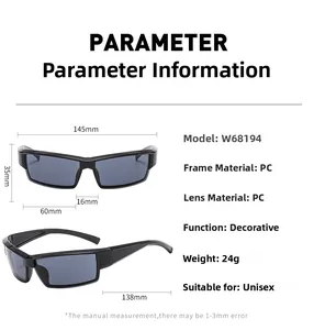 Detailed size chart for cyberpunk style PC frame sunglasses with dimensions and weight