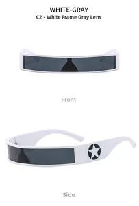Detail of white cyberpunk shield sunglasses with black star emblem on side temple