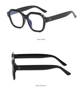 Side and back view of black hexagonal glasses frames with three-point rivet detailing