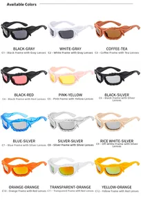 Matrix display of 12 colorful punk twisted frame sunglasses with various lenses