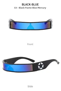 Detail view of cyberpunk black sunglasses with blue mirror lenses and star patterns