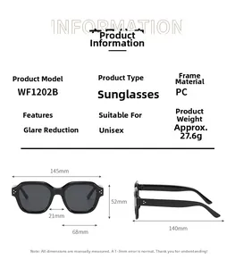 Detailed technical specifications and sizing diagram for the hip-hop PC frame sunglasses
