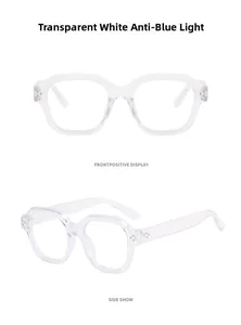 Front and side view of transparent white blue light blocking glasses with metal rivets