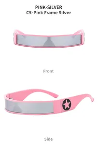Pink futuristic Y2K sunglasses with silver mirrored lens and star detail on side