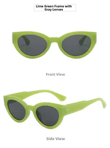 Vues de face et de côté de lunettes de soleil œil-de-chat vert fruit translucide