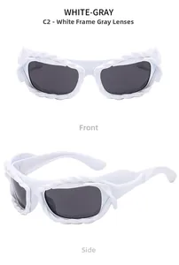 Detailed views of white frame sunglasses with twisted texture and grey lenses