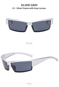 Detail view of silver cyber sunglasses with gray lenses and wrap-around frame design