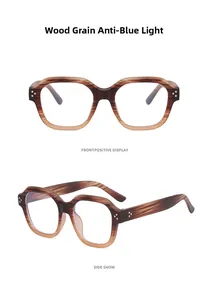 Front and side views of wood grain anti-blue light glasses with thick square frames