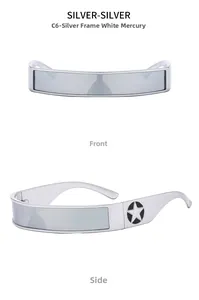 Front and side view of silver cyberpunk visor sunglasses with black star temple details