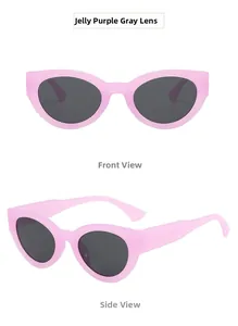 Vue de face et de profil de lunettes de soleil œil-de-chat violettes et verres gris