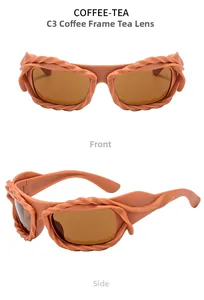 Detailed front and side views of chunky braided coffee frame sunglasses with tea lenses
