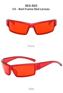 Detail view of futuristic red cyberpunk sunglasses featuring wide temples and side profile