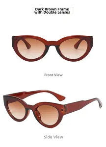 Vues de face et de côté de lunettes de soleil œil-de-chat marron foncé à verres dégradés