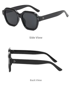 Detailed side and back view of black polygon sunglasses with silver triple-dot metal rivets