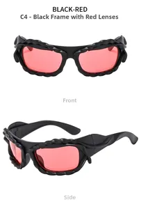 Detail view of wave-textured sand black frames with vibrant red lenses sunglasses