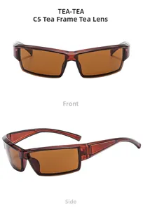 Detail of tea color wraparound cyberpunk sunglasses with translucent frames and wide temples