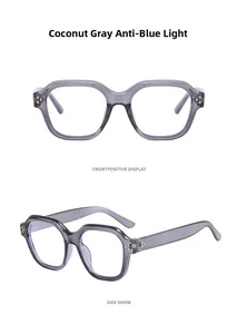 Front and side views of grey anti-blue light glasses with silver rivet details