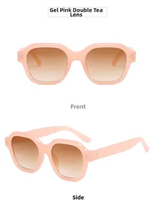 Detailed front and side views of translucent pink oversized geometric sunglasses