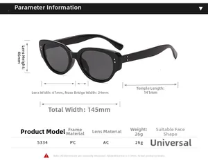 Detailed size specifications for model 5334 small frame sunglasses with dimensions
