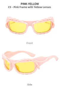 Detail view of pink woven frame sunglasses with yellow lenses from front and side angles