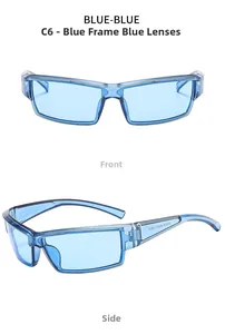Front and side views of blue cyberpunk sunglasses with transparent frames and blue lenses