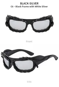 Front and side macro detail of matte black twisted frame sunglasses with silver lenses
