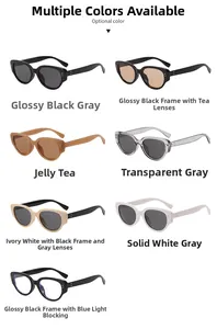 Detailed grid showing vintage cat-eye sunglasses in various colors and anti-blue light lenses