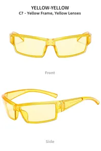 Close-up of futuristic yellow transparent rectangle frame sunglasses in a sporty cyberpunk style